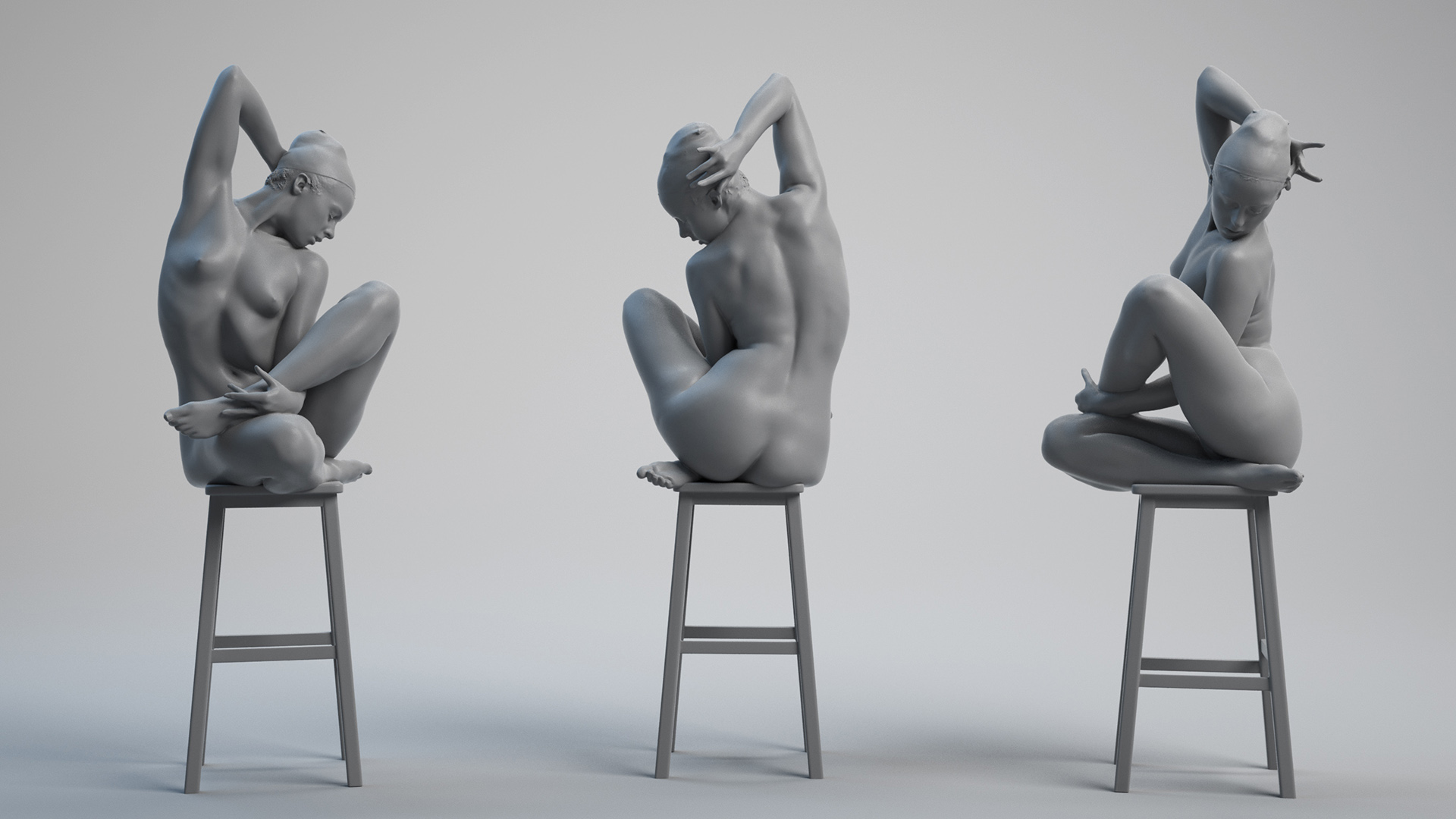 Seated woman dynamic 3d pose on a stool